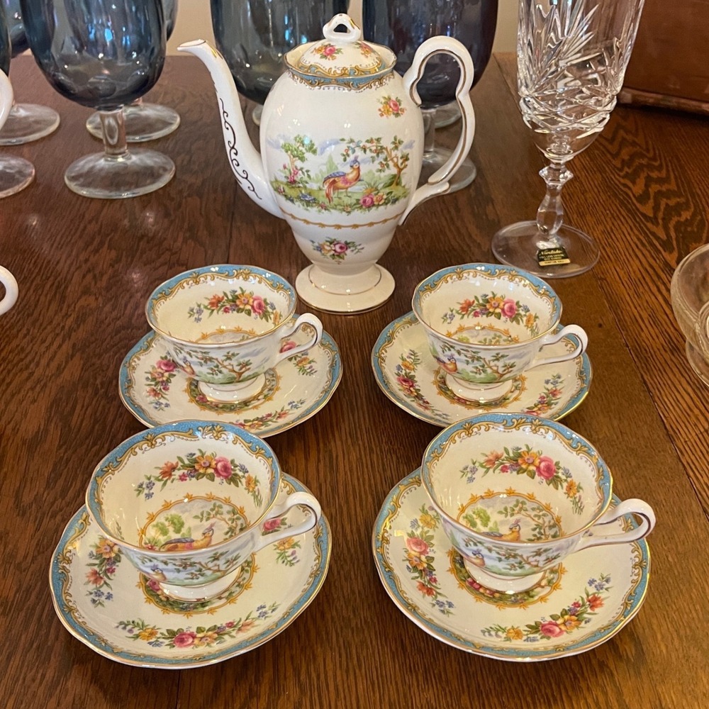Royal Albert Chelsea Bird Coffee Set Pot 4 Demitasse Cups Saucers Bone China
